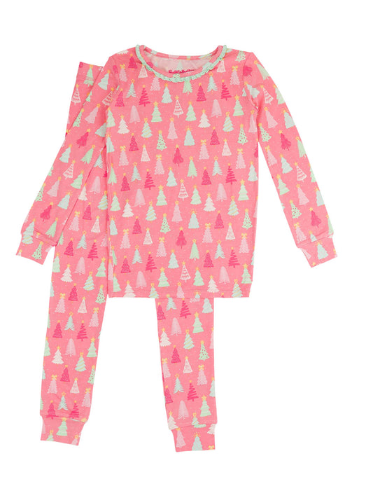 RuffleButts Merry Pink Pines Ruffle Long Sleeve Pajama Set