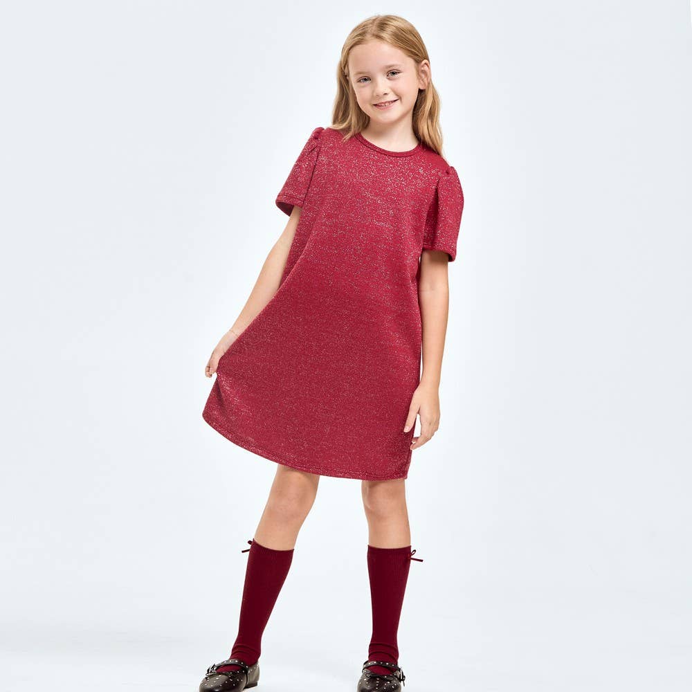 Red Sparkle Puff Sleeves Dress