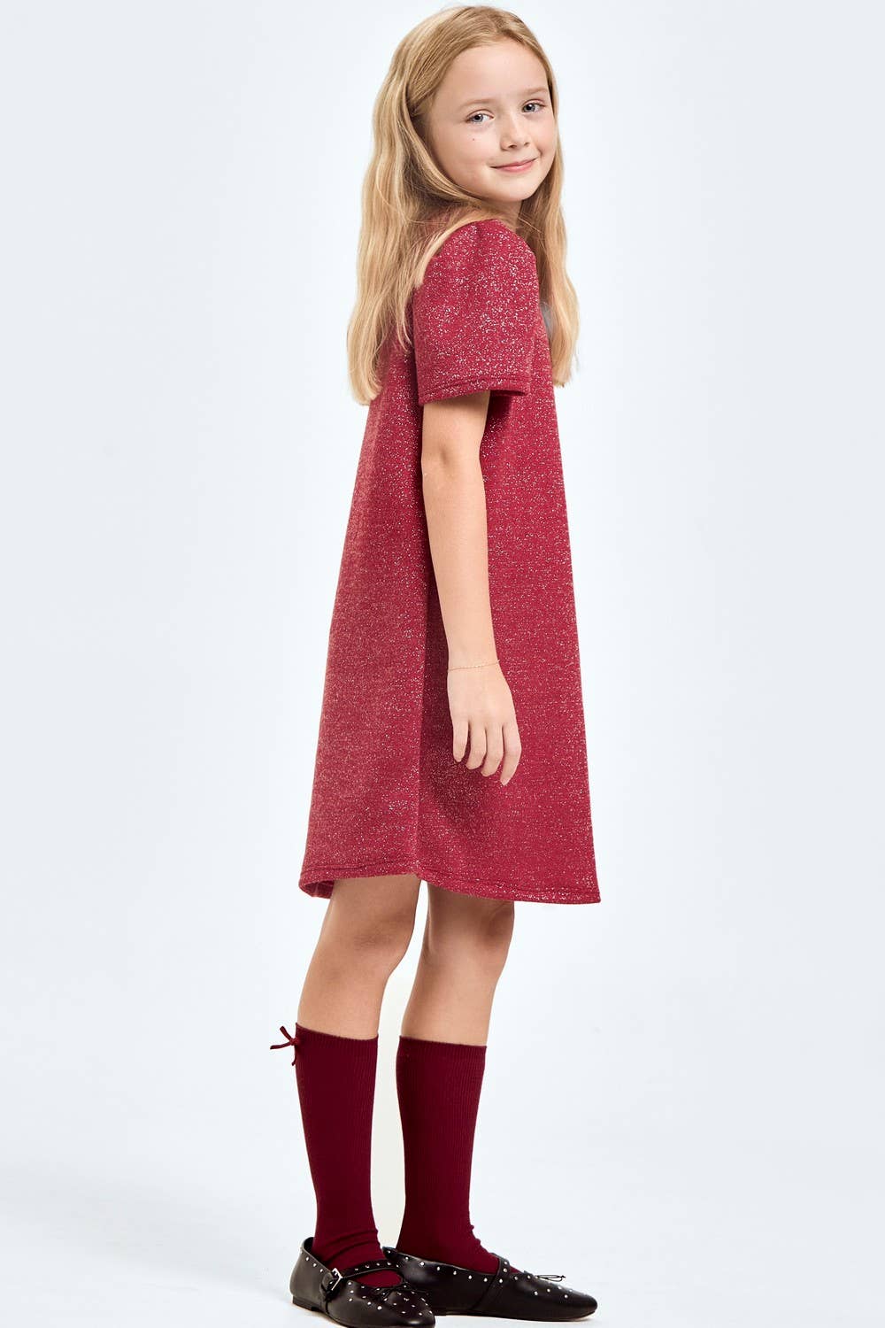 Red Sparkle Puff Sleeves Dress