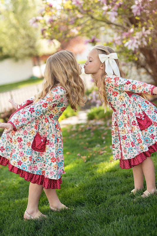 Cream & Burgundy Floral Ruffle Button Dress