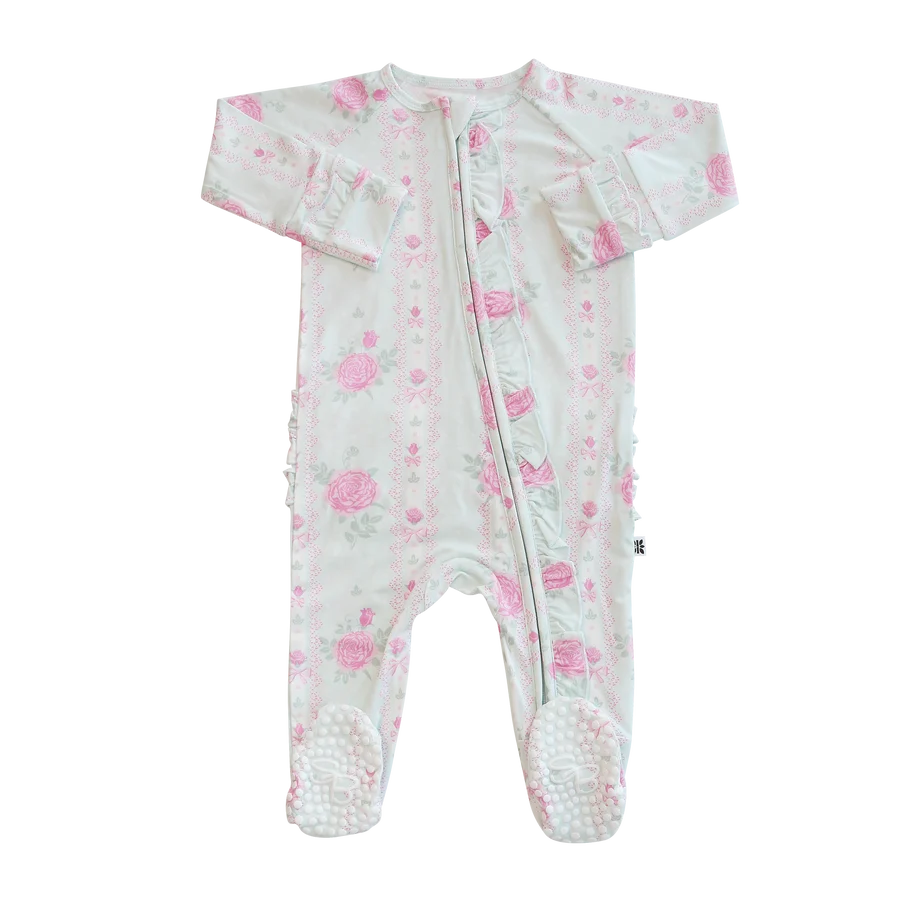 Sweet Bamboo Roses & Lace Footed Ruffle Romper