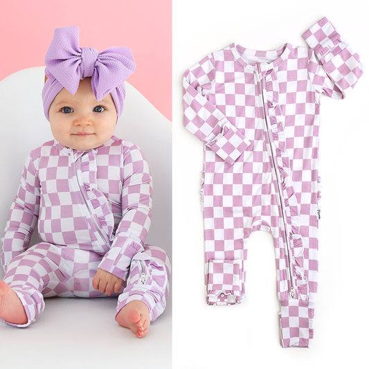 Myla Purple Check Ruffle Zip Romper