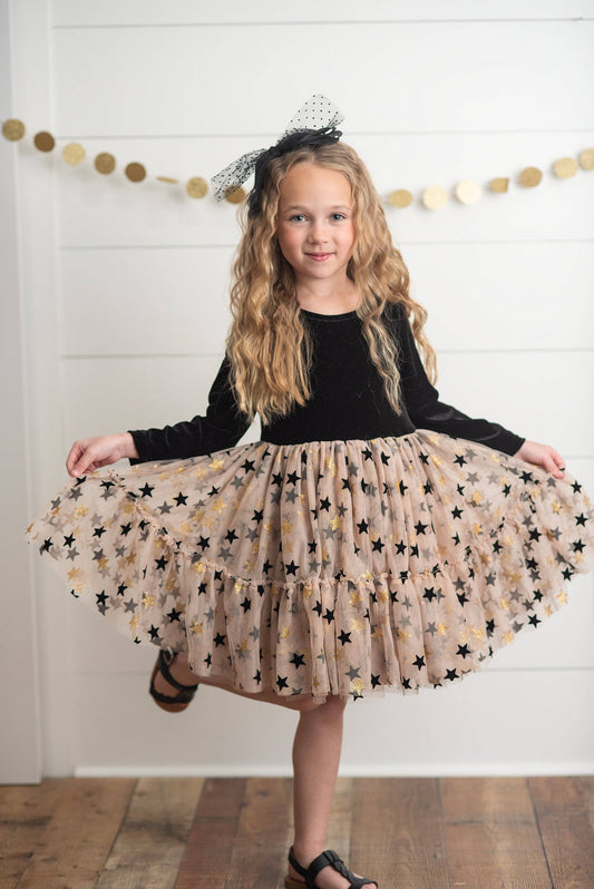 Black & Gold Star Velvet Tulle Dress