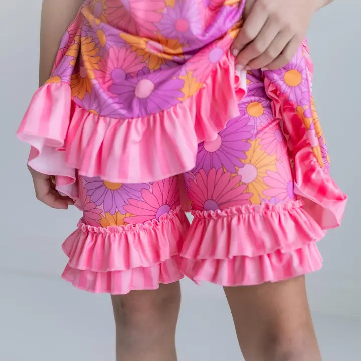 Pink Retro Daisy Stripe Short Set