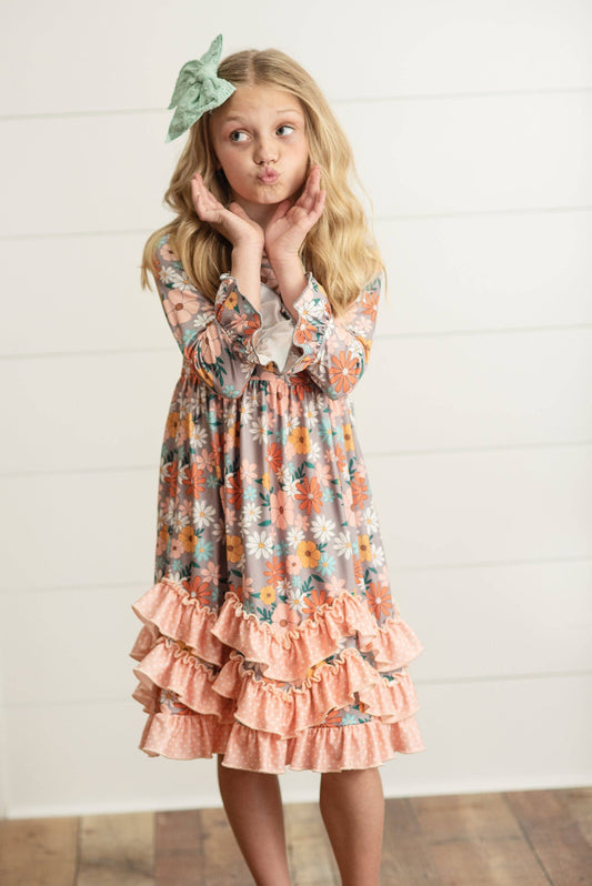 Peach Vintage Floral Ruffle Dress