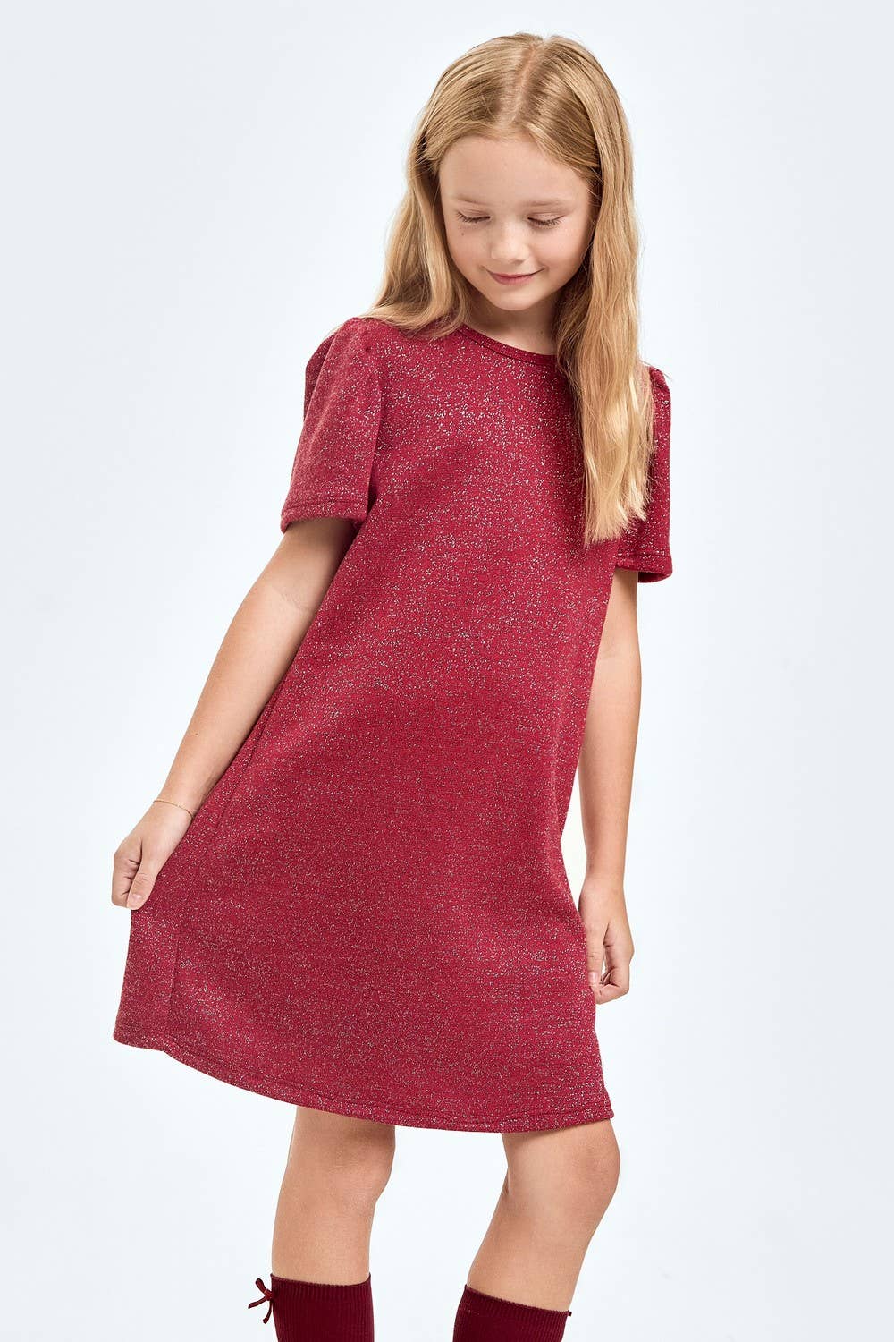Red Sparkle Puff Sleeves Dress