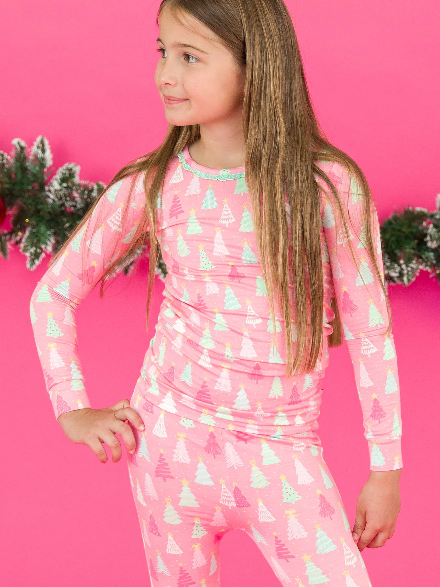 RuffleButts Merry Pink Pines Ruffle Long Sleeve Pajama Set