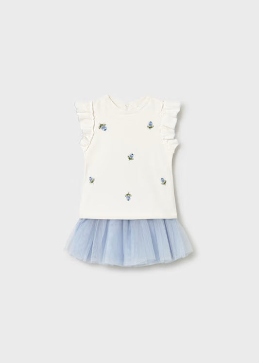 Mayoral Floral Embroidered Sky Tulle Skirt Set