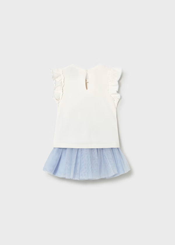 Mayoral Floral Embroidered Sky Tulle Skirt Set