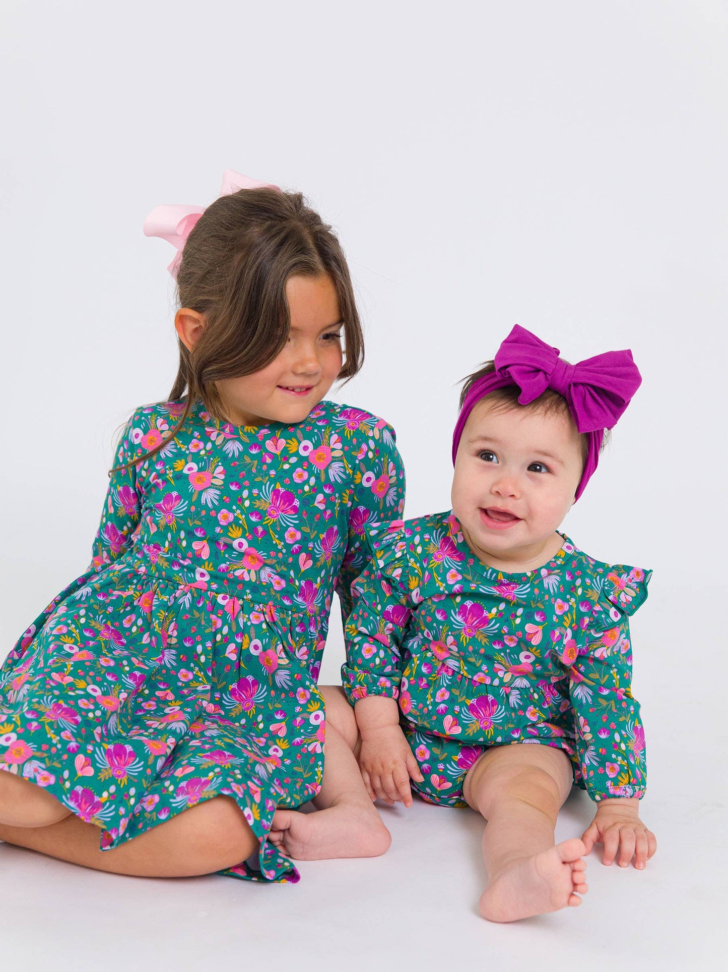 RuffleButts Emerald Floral Flutter Bubble Romper
