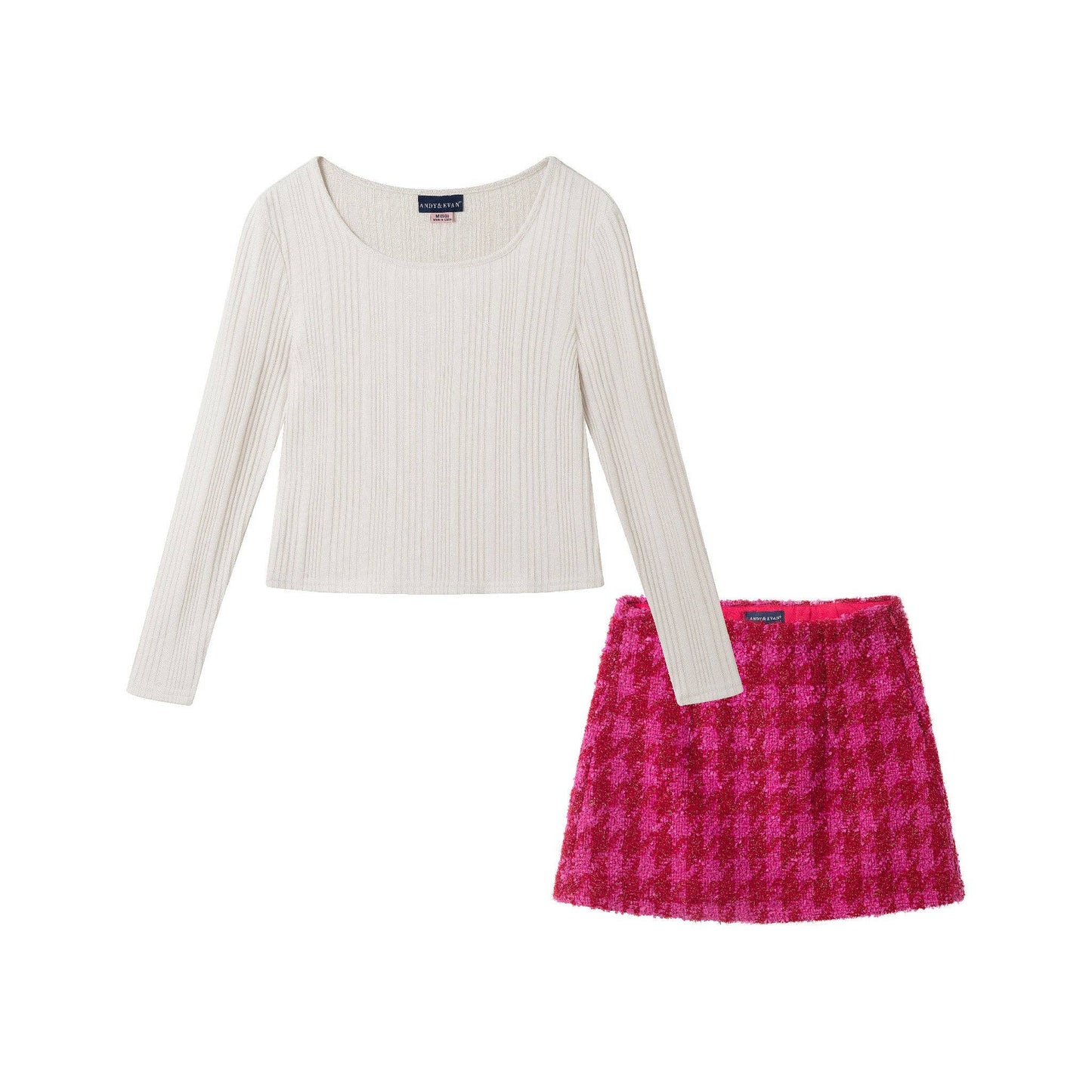 Ribbed Jersey Top & Tweed Skirt Set