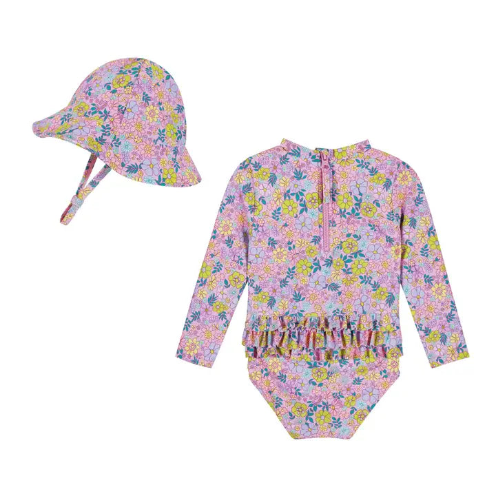 Andy & Evan Purple Floral Rashguard & Hat
