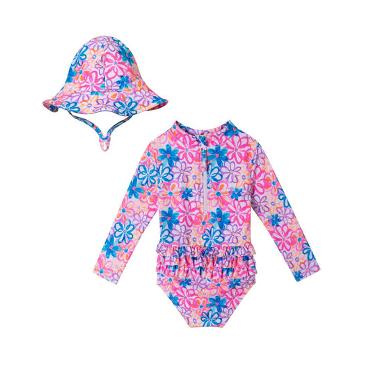 Andy & Evan Blue Floral Swim Rashguard & Hat