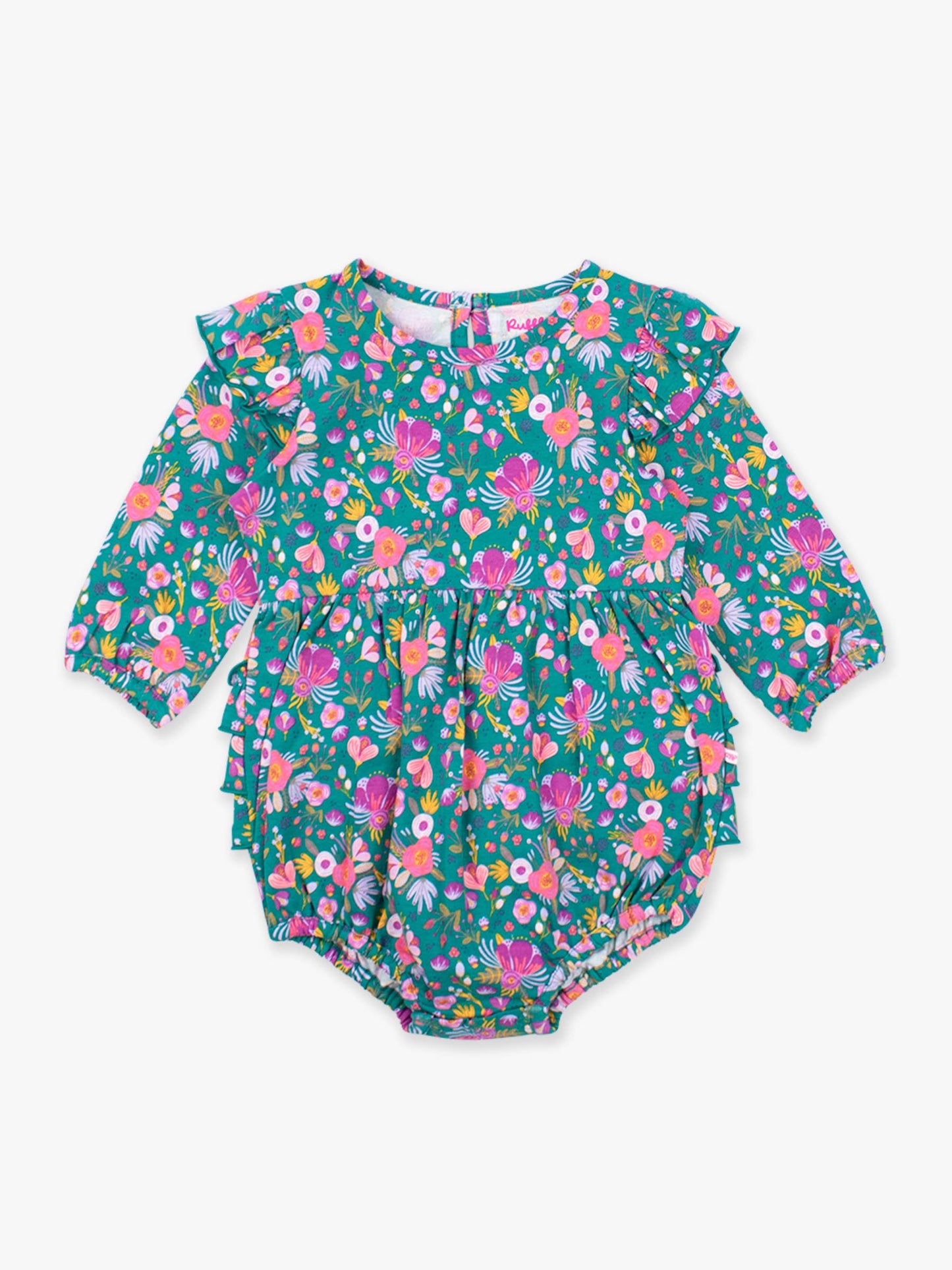RuffleButts Emerald Floral Flutter Bubble Romper