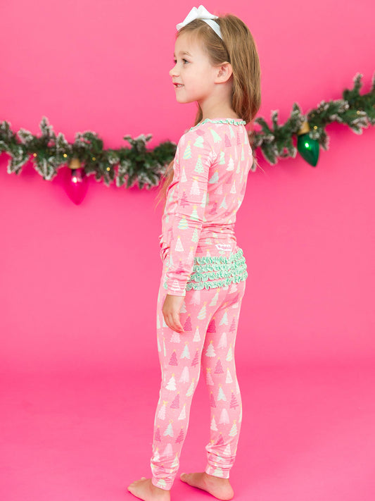 RuffleButts Toddler Girls Merry Pink Pines Ruffle Long Sleeve Pajama Set