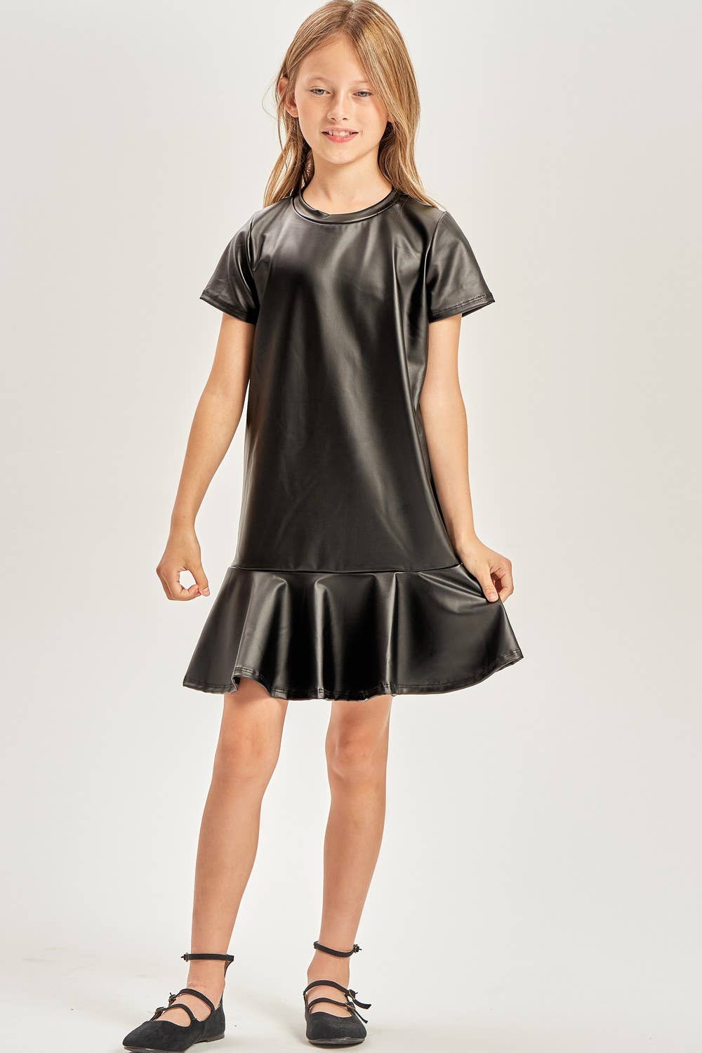 Faux Leather Flounce Hem Dress