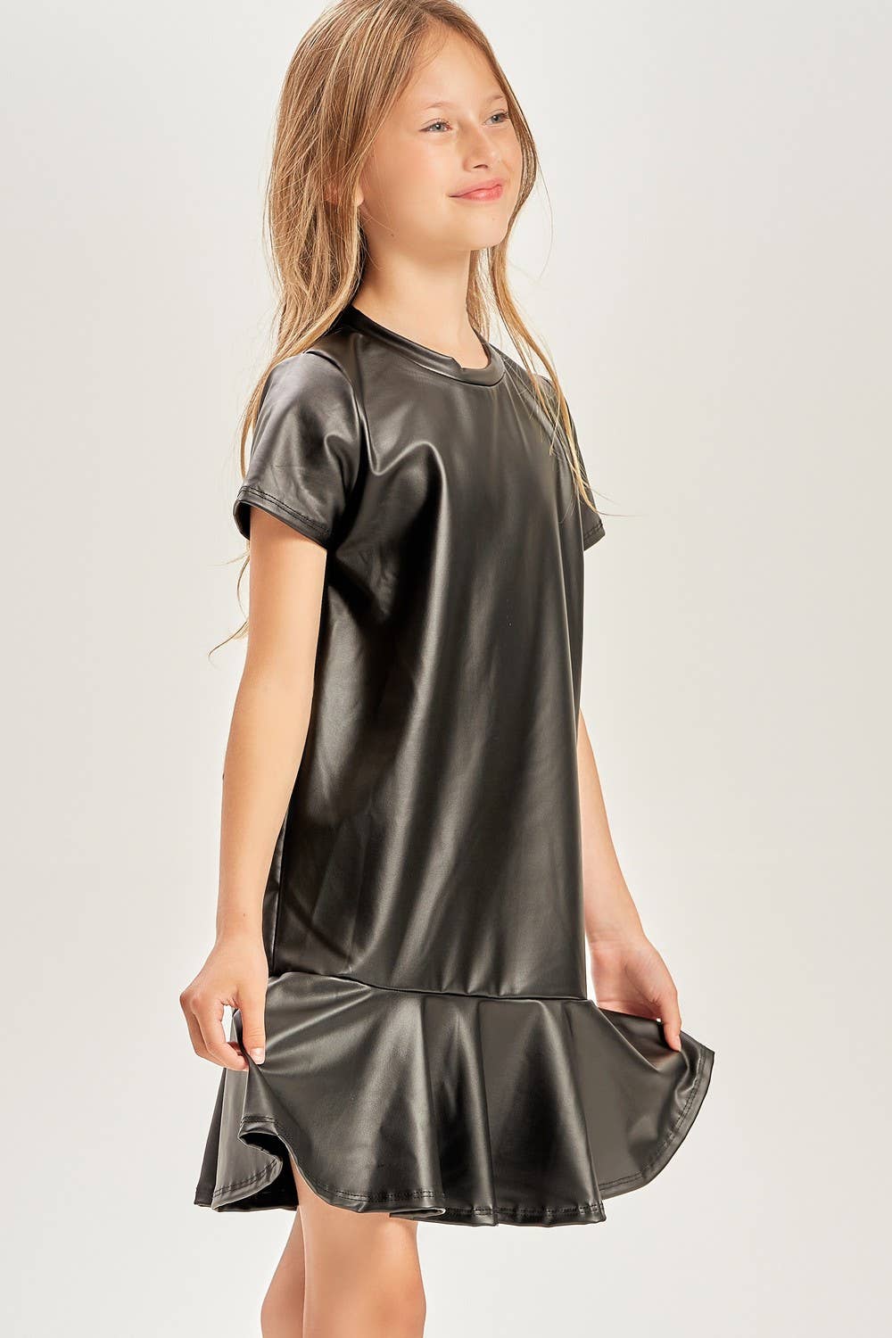 Faux Leather Flounce Hem Dress