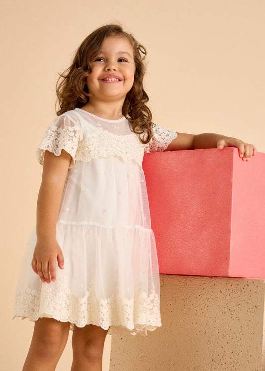 Mayoral Bone Embroidered Tulle Dress
