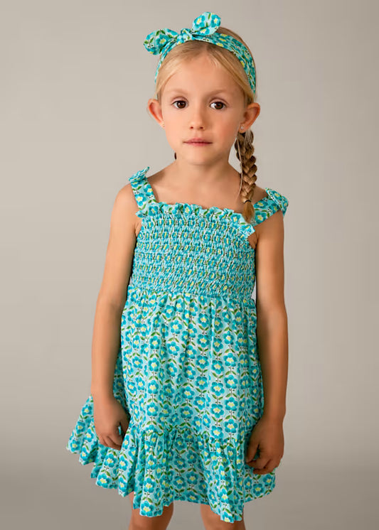 Mayoral Aqua Flower Smocked Dress & Headband