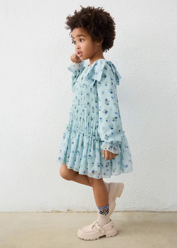 Mayoral Blue Floral Pleated Dress