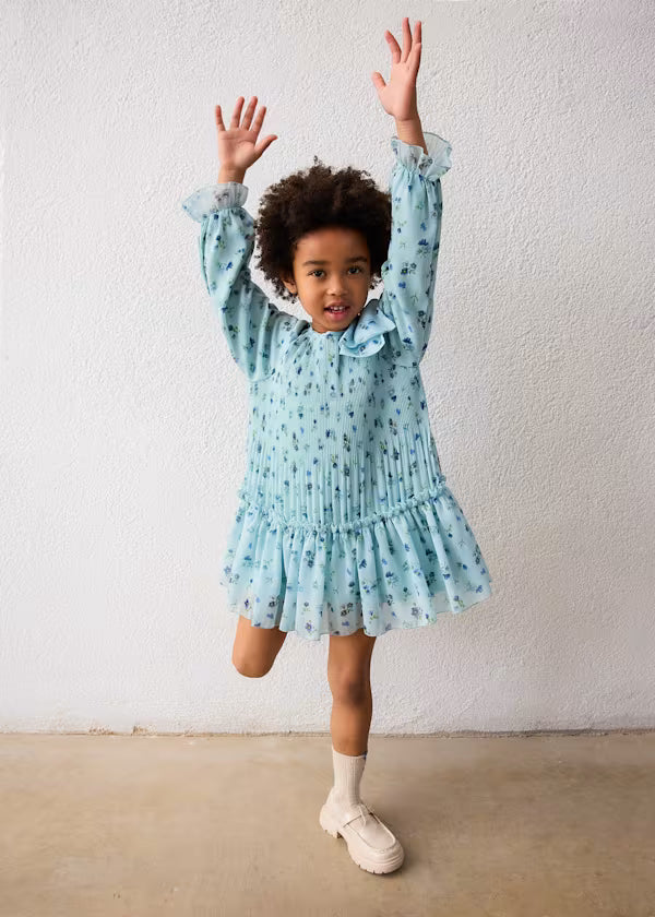 Mayoral Blue Floral Pleated Dress