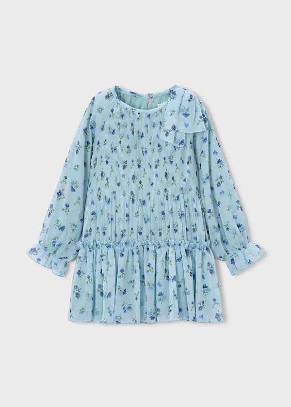 Mayoral Blue Floral Pleated Dress