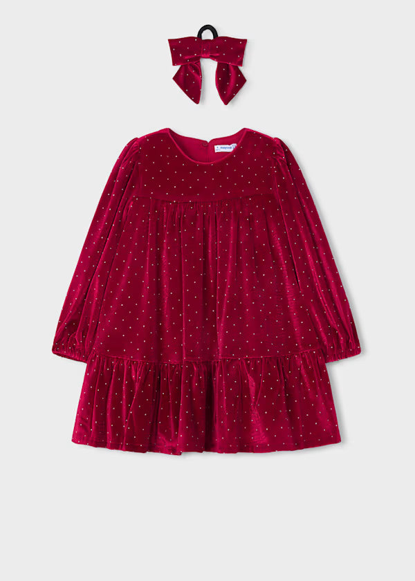 Mayoral Red Velvet Sparkle Dress & Hair Tie
