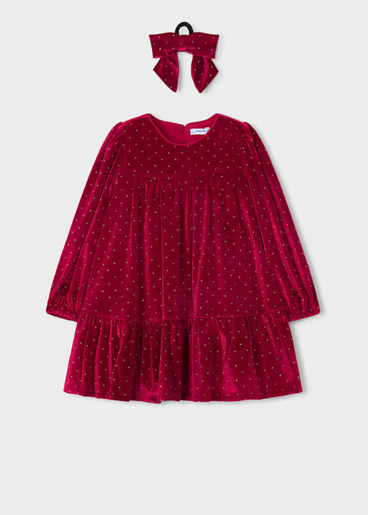 Mayoral Red Velvet Sparkle Dress & Hair Tie