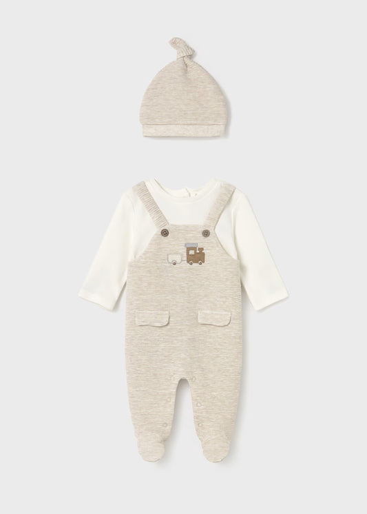 Mayoral Taupe Textured Train Romper & Hat