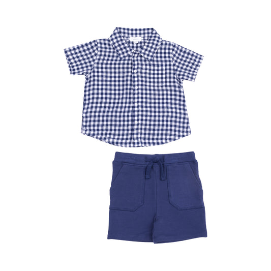 Angel Dear Navy Gingham Polo & Short Set