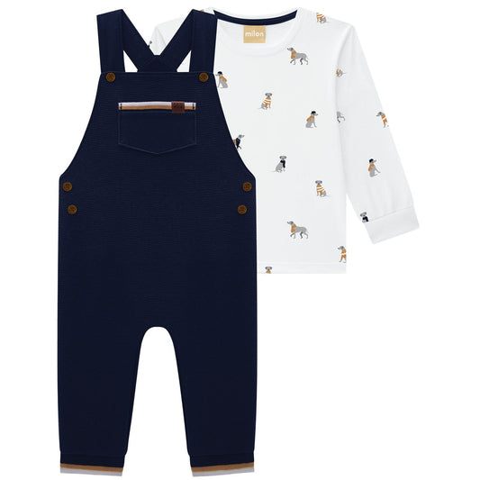 Milon Navy Ribbed Dog Overall Set