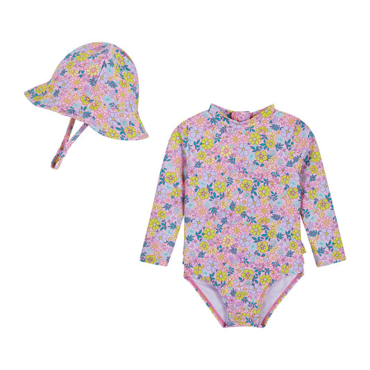 Andy & Evan Purple Floral Rashguard & Hat