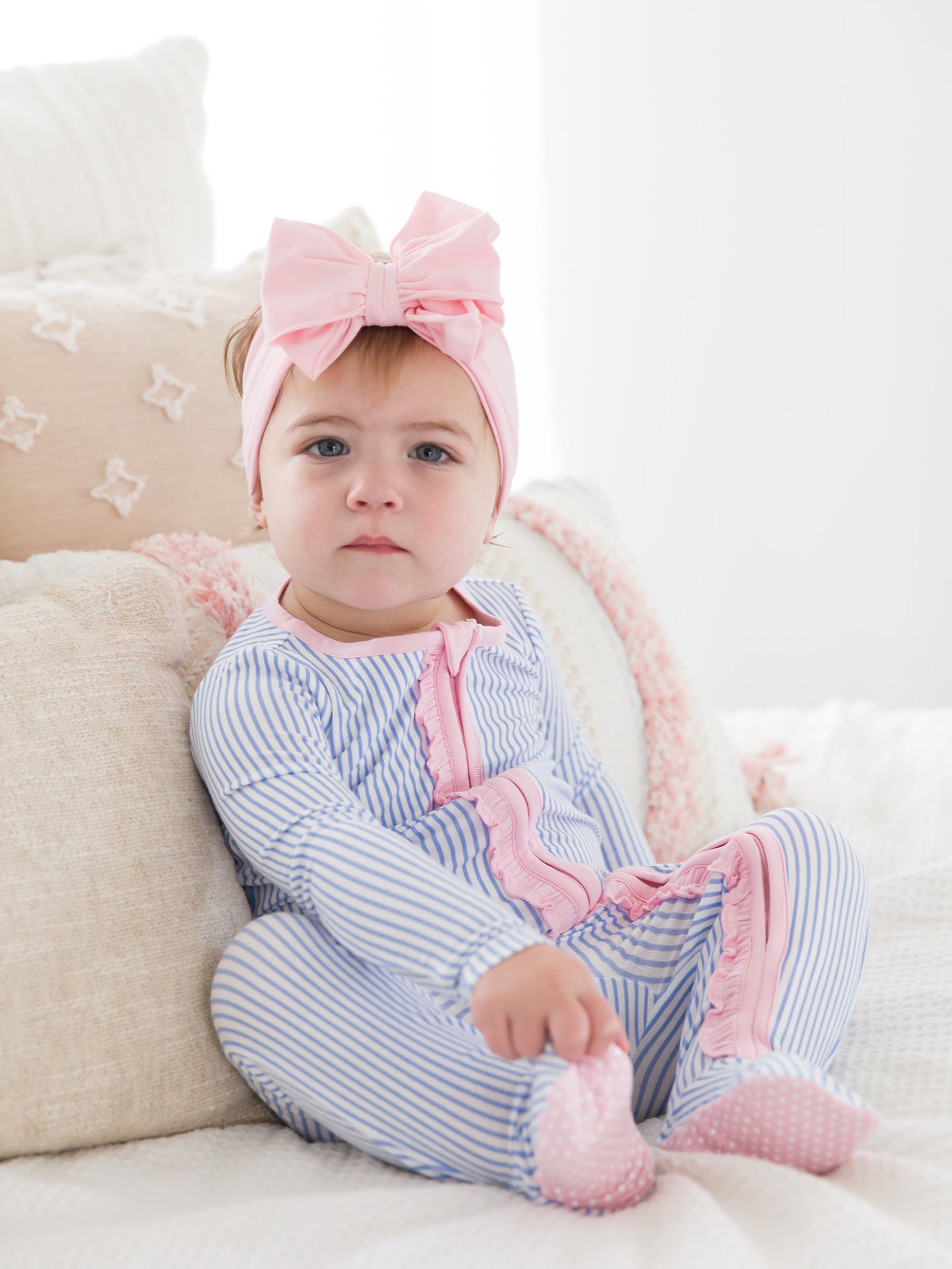 RuffleButts Periwinkle Stripe Ruffle Footie